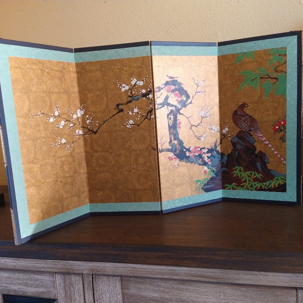 Vintage Japanese Folding Screen - Elegant Cherry Blossom and Birds Sceen